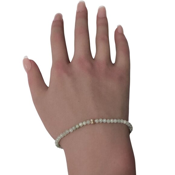Burmese Jade Mini Beaded Stretch Bracelet with 14K Gold Corrugated Accent Bead - Picture 6 of 7